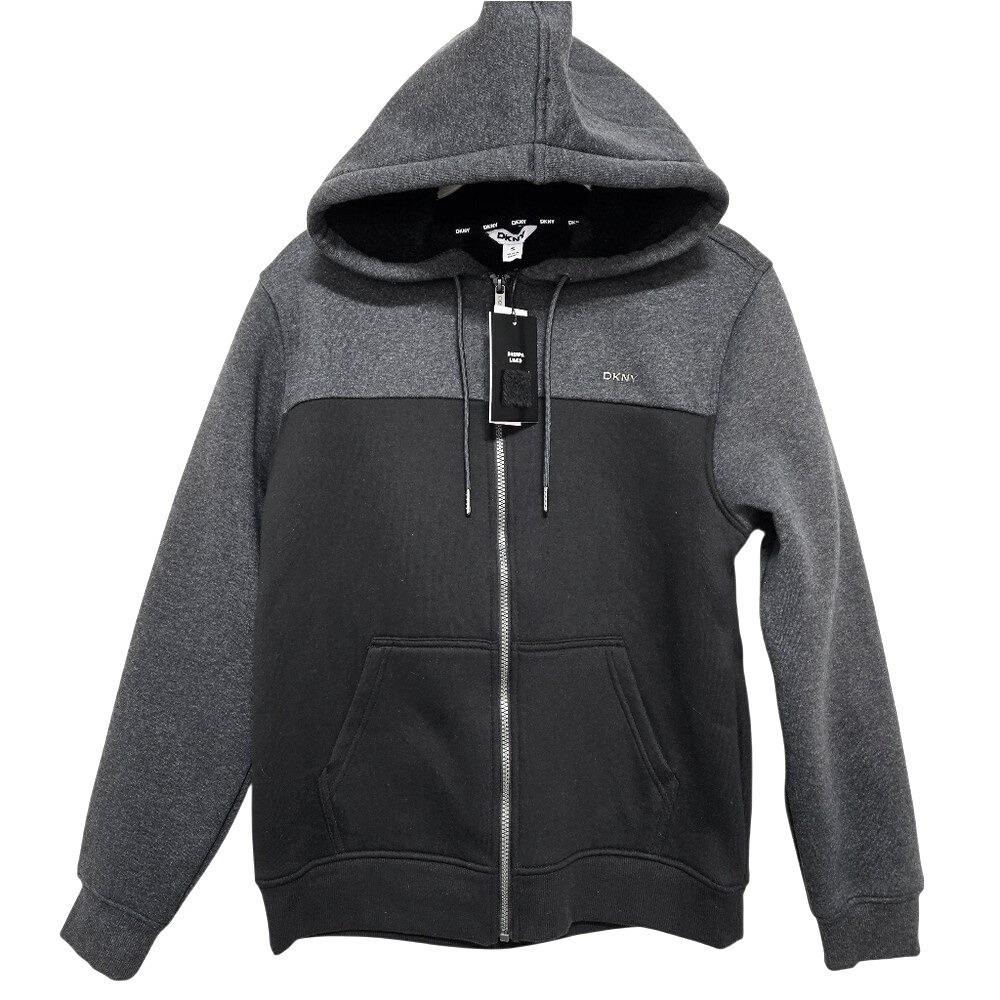 DKNY NWT Mens Sherpa Fleece Lined Full Zip Hoodie Sweatshirt Gray Black Small